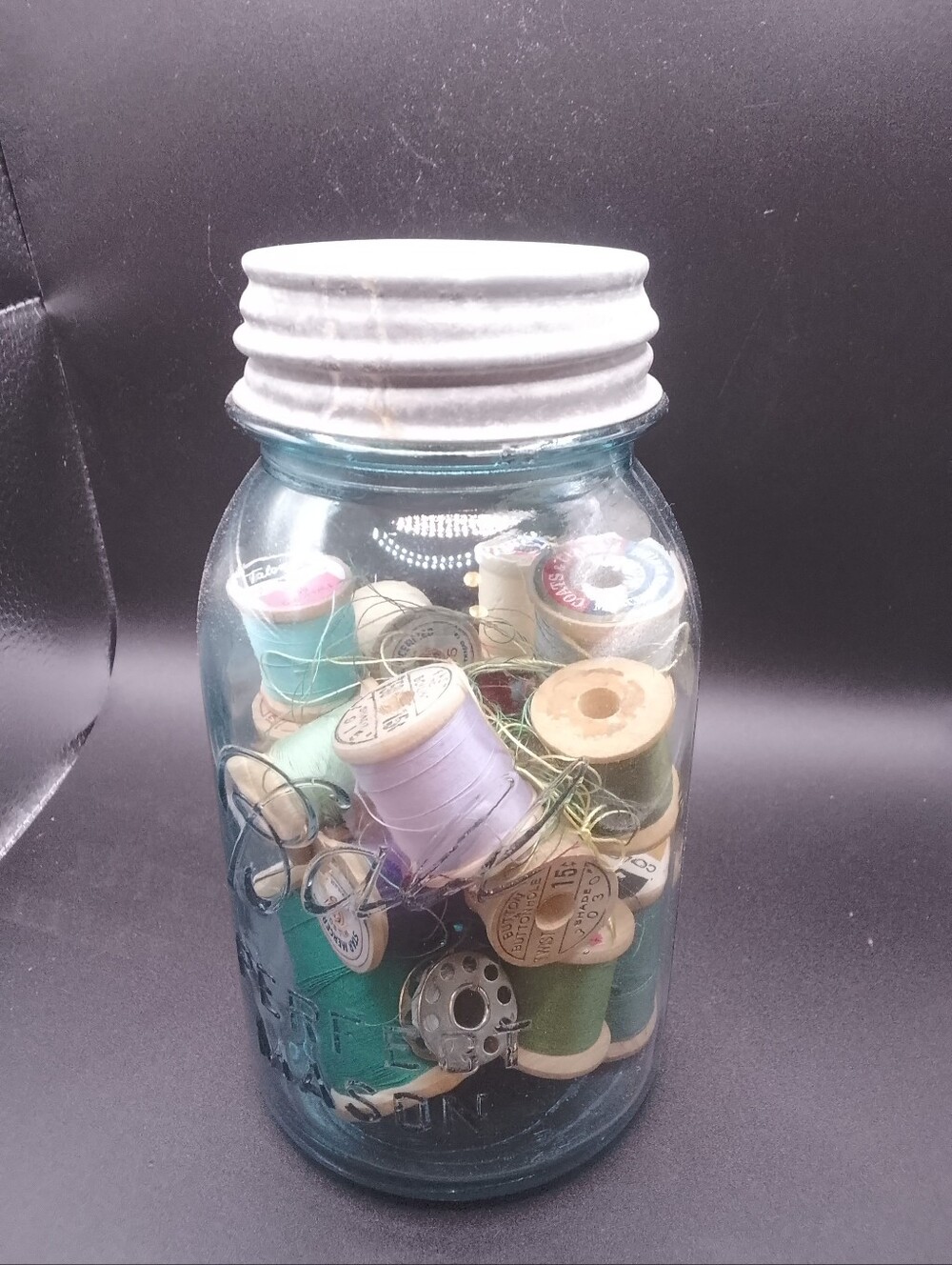 Vintage Ball Jar W Zinc Lid Full Of Sewing Notions Wood Spools